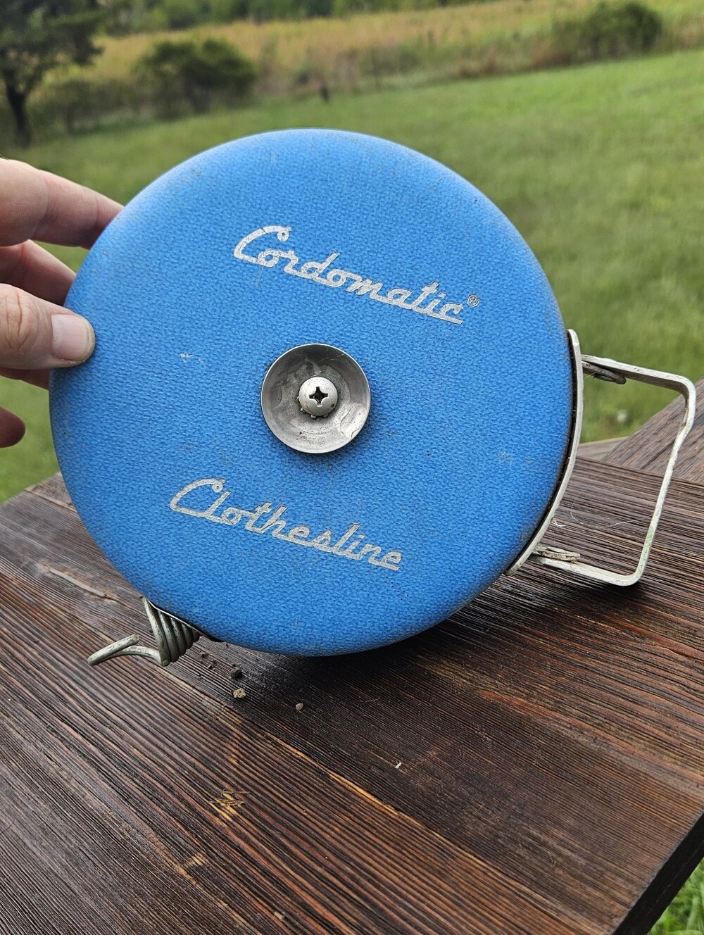 Vintage Cordomatic Clothesline Automatic Roll Up Blue Steel Mid Century Decor